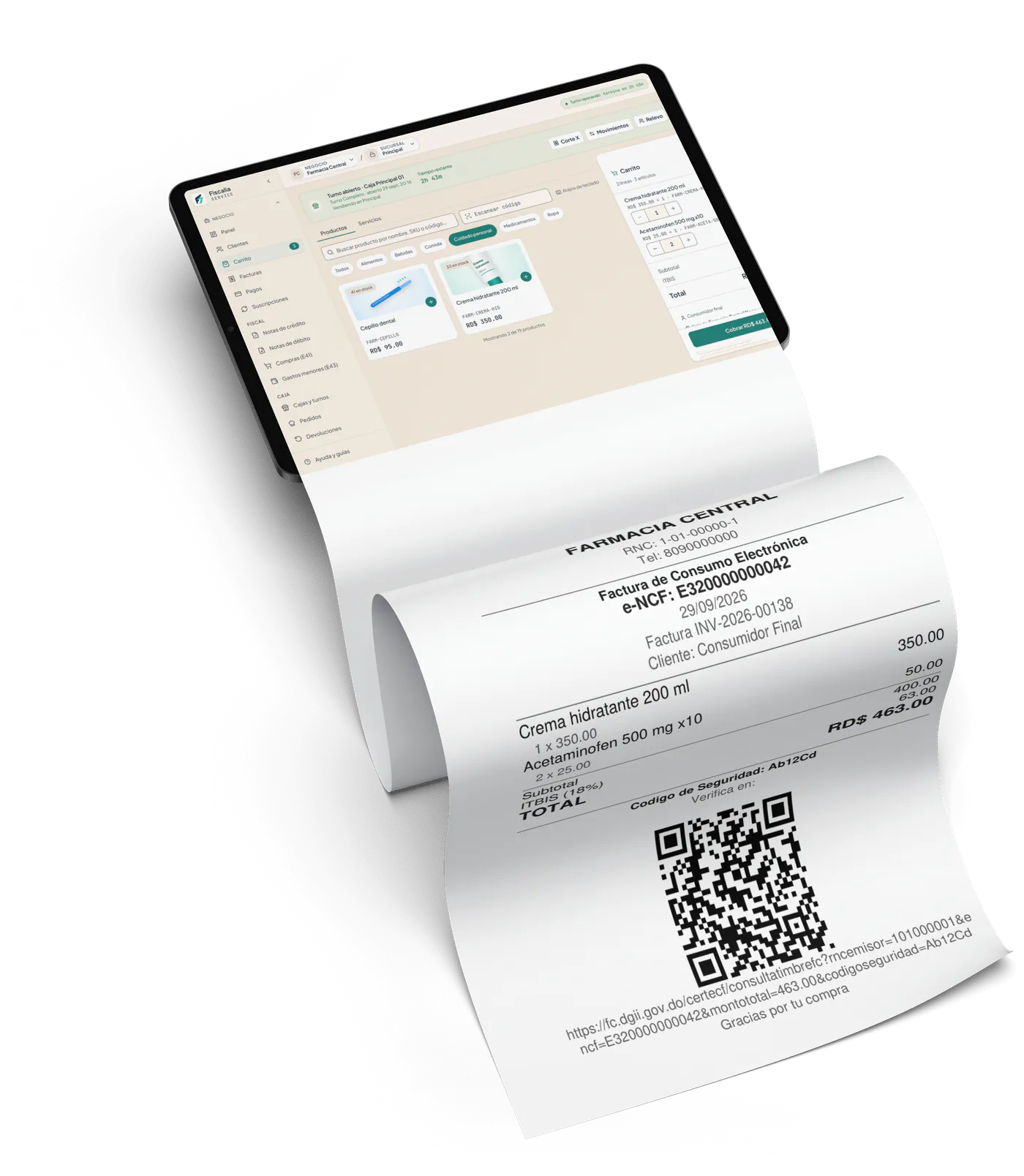 Una tableta con el punto de venta de Fiscalia (carrito de RD$ 463.00) y, saliendo de ella, la representación impresa del e-CF de esa venta con su código QR (datos de ejemplo)