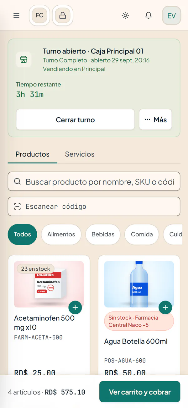 Punto de venta de Fiscalia en un teléfono: el catálogo de productos del carrito (datos de ejemplo)