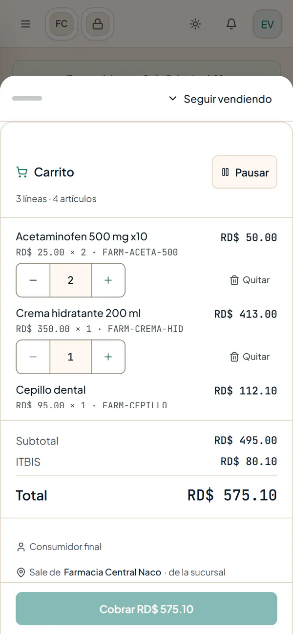 Carrito del punto de venta en un teléfono: subtotal, ITBIS, total y el botón Cobrar (datos de ejemplo)