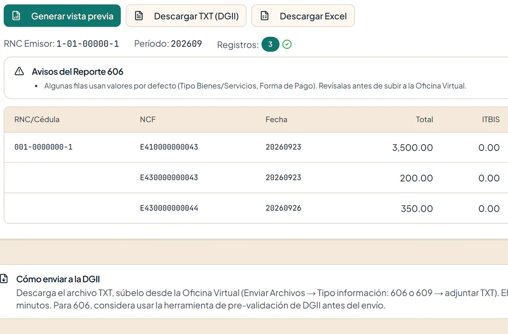 Reporte 606 de septiembre de 2026: tres registros E41 y E43, listo para descargar en TXT (datos de ejemplo)
