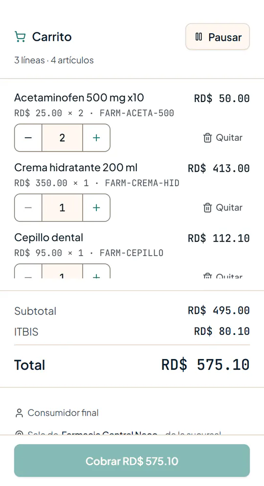 El carrito del punto de venta: tres líneas, subtotal, ITBIS y total de RD$ 575.10 (datos de ejemplo)